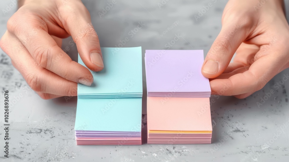 Hands arrange soft pastel sticky notes on a chart, symbolizing organization and creative planning. Hands arrange soft pastel sticky notes on a chart, symbolizing organization and creative planning.