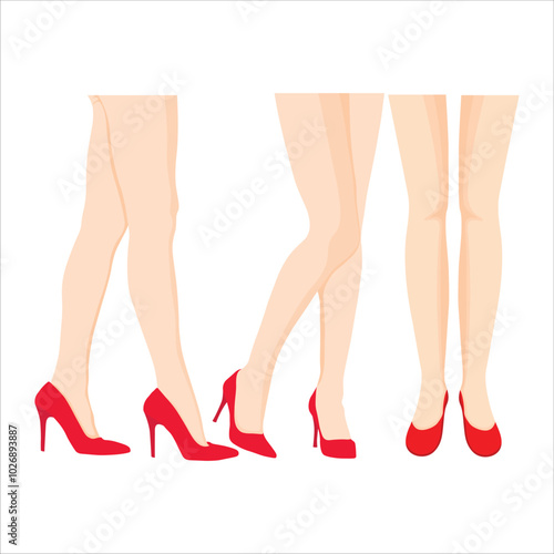 Vector illustration sets of female leg in cartoon flat style. Woman legs wearing shoes. Female smooth skin in tights, girl sensual foot with raised shin, woman leg in tights