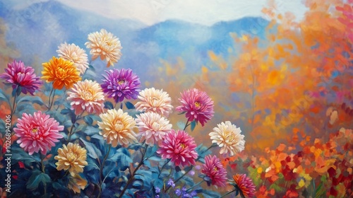 Chrysanthemums adorn autumn scene