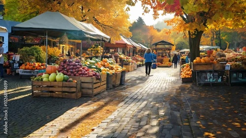 Autumn Market: A vibrant autumn market scene with colorful stalls filled with fresh produce under the warm glow of the setting sun.  People stroll through the market.