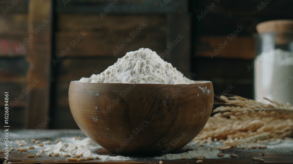 Gluten free rice flour on wooden bowl for cooking or baking Gluten free rice flour on wooden bowl for cooking or baking