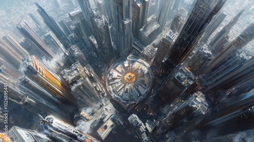 Aerial View of a Futuristic Cityscape at Dawn