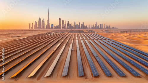 expansive view of solar farm with rows of solar panels in desert, showcasing contrast between technology and nature, with city skyline in background