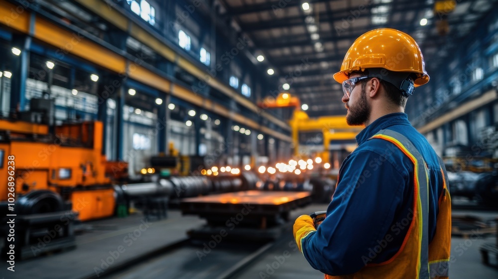 Worker in Steel Factory During Construction Assembly Worker in Steel Factory During Construction Assembly