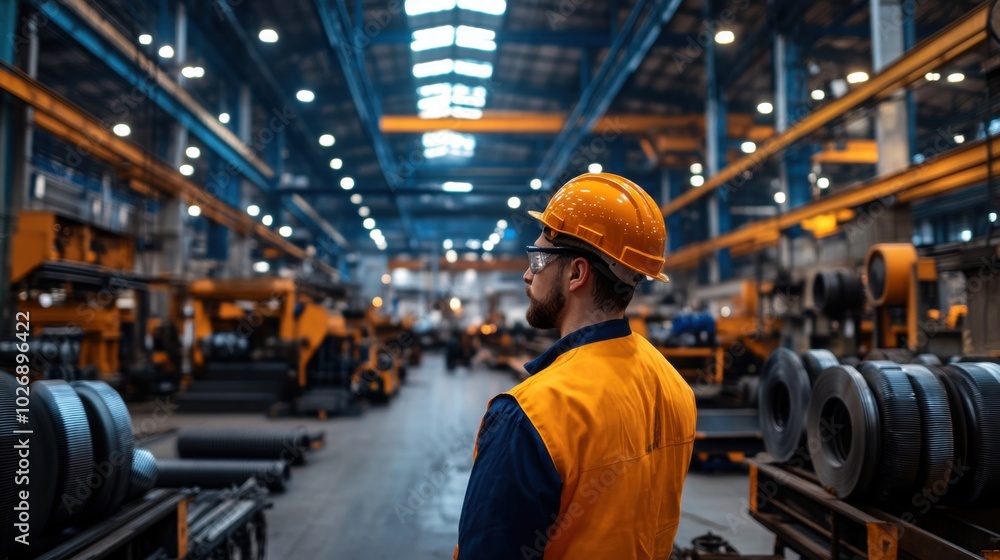 Worker Observing Operations in Steel Fabrication Factory Worker Observing Operations in Steel Fabrication Factory