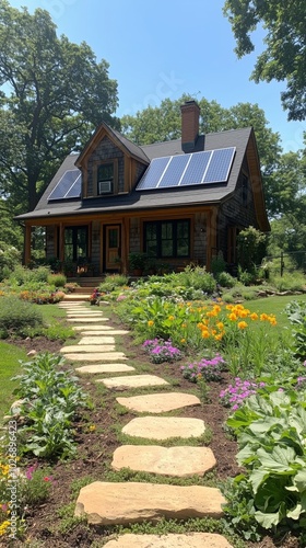 Modern farmhouse with a solar panel roof. Represents eco-friendly living and sustainable energy concept