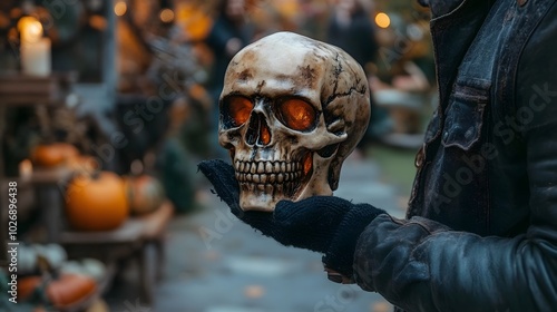 Close-up of a person holding a skull-shaped Halloween prop, with realistic details and a spooky, scenic festival setting photo