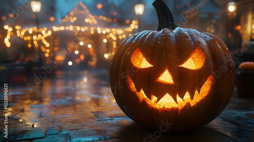 Close-up of a carved pumpkin with a scary face, with realistic details and a scenic festival backdrop of spooky lights and fog photo