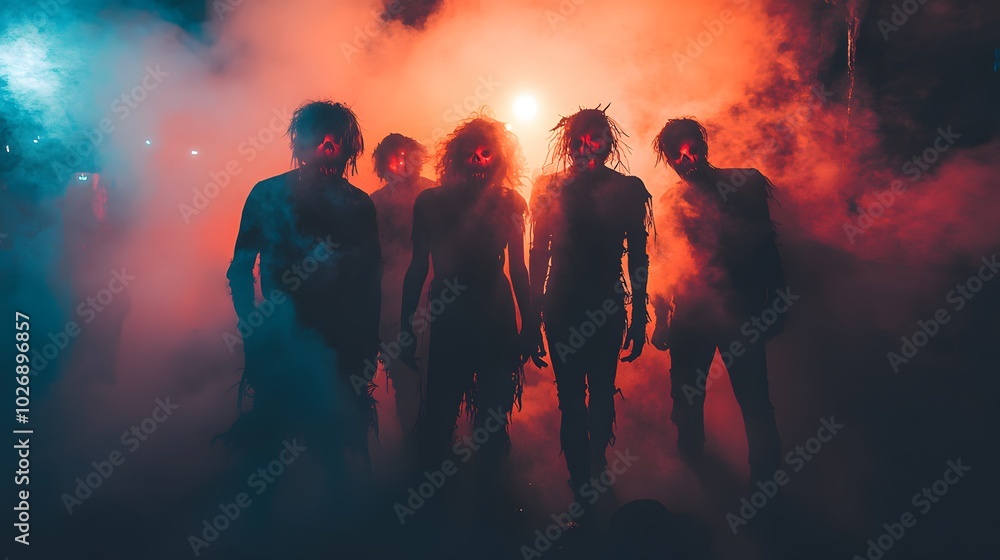 Portrait of a group of friends in unsettling Halloween costumes, standing in a weird festival setting with fog and eerie decorations Portrait of a group of friends in unsettling Halloween costumes, standing in a weird festival setting with fog and eerie decorations