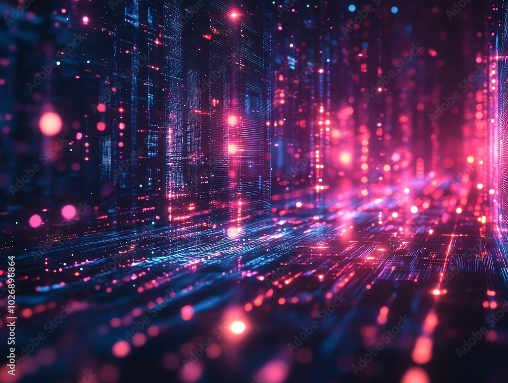 Abstract digital space with glowing lines and particles in pink and blue hues. Abstract digital space with glowing lines and particles in pink and blue hues.