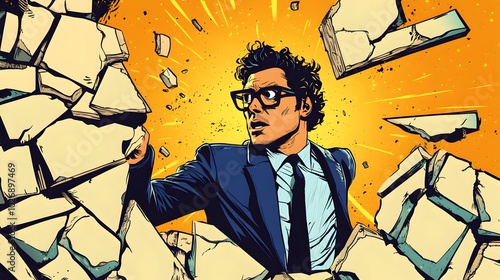 Determined Businessman Breaking Through Wall to Reach Success in Retro Comic Art