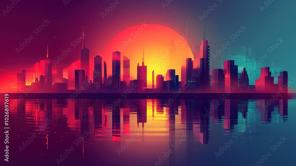 Vibrant Neon Cityscape A Futuristic Urban Dream with Glowing Reflections and a Setting Sun Vibrant Neon Cityscape A Futuristic Urban Dream with Glowing Reflections and a Setting Sun