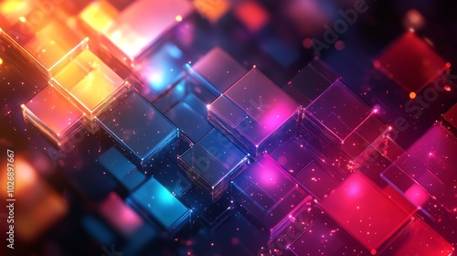 Abstract background of glowing, colorful cubes with a dark background.