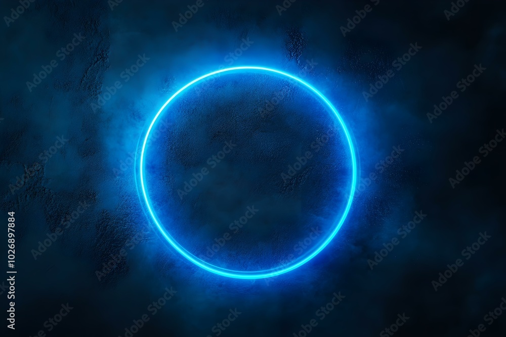 Round blue neon frame. Circle of light on a wall background. Glowing laser border Round blue neon frame. Circle of light on a wall background. Glowing laser border