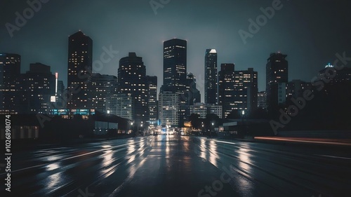 Fototapeta Naklejka Na Ścianę i Meble -  A moody city skyline at night with reflections on a rainy street.