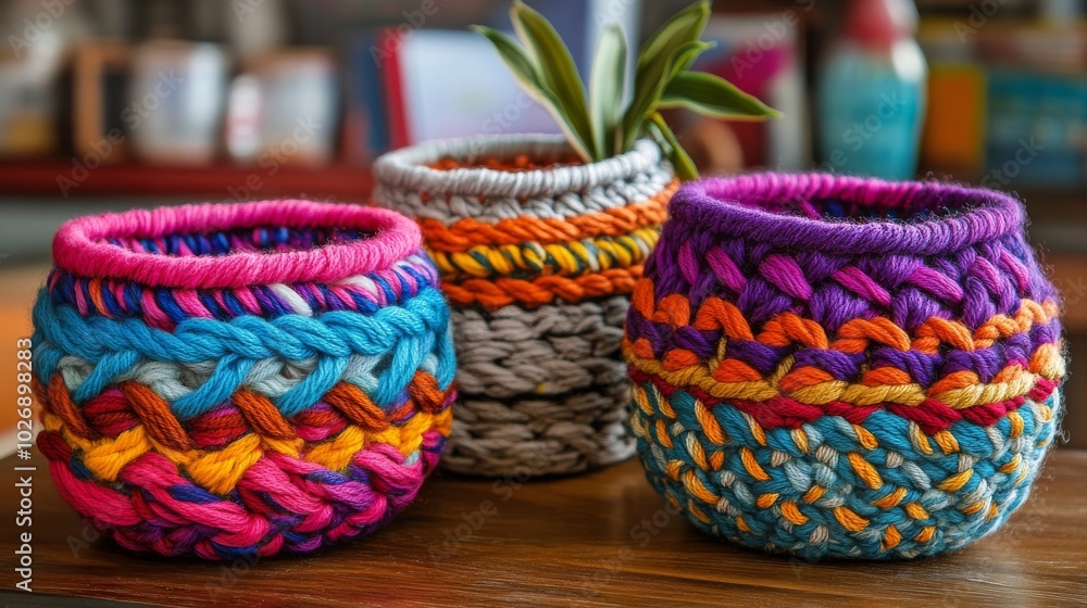 Table displays knitted yarn baskets. Table displays knitted yarn baskets.