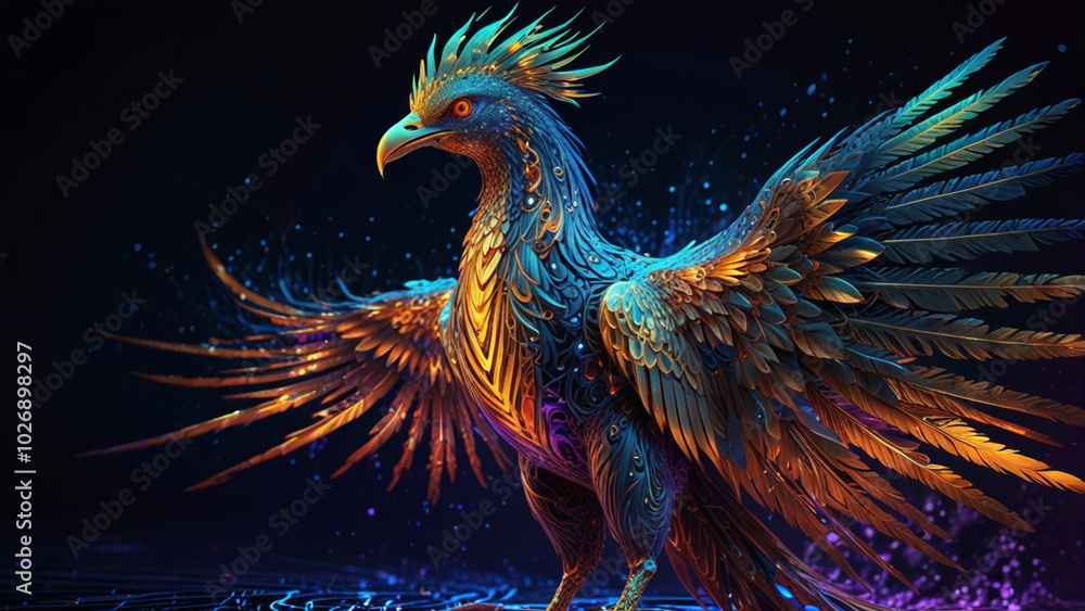 Fototapeta premium Surreal Phoenix Illustration with Glowing Blue Fire and Binary Code – Futuristic, Three-Dimensional Fantasy Art with Feathers and Neon Elements on a Dark Background