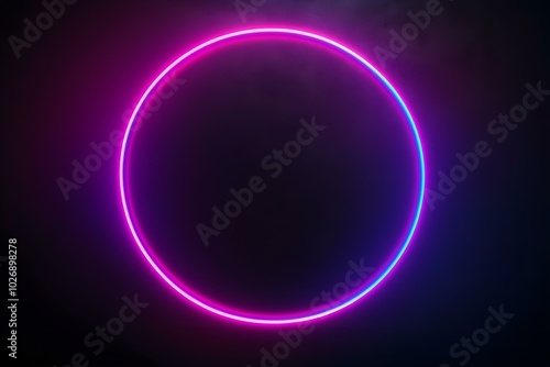 Neon light circle frame. Round glowing border. Ring shape laser on a black background