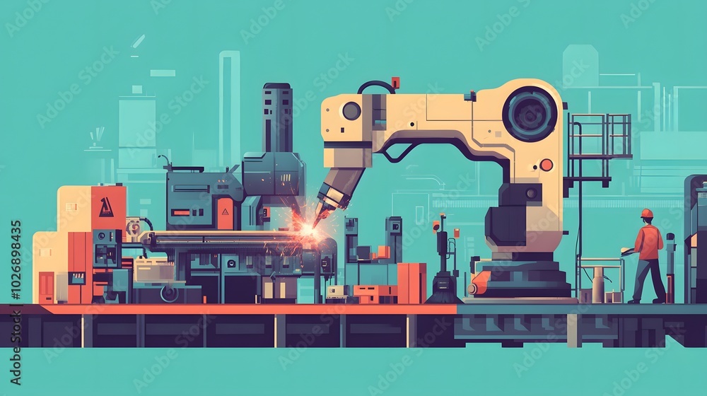 Fototapeta premium Industrial Robotic Arm Welding Metal in Factory Setting