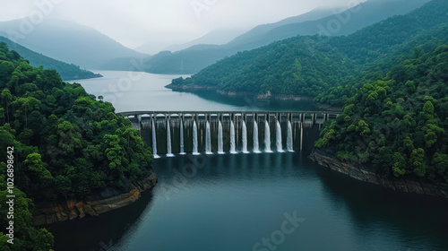 stunning hydroelectric dam in rural region, surrounded by lush green mountains and serene waters, showcases beauty of nature and engineering