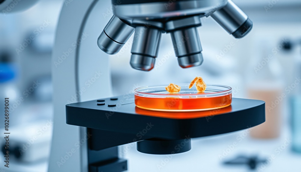 Close up of a microscope lens over a petri dish with agar and cell culture. Close up of a microscope lens over a petri dish with agar and cell culture.