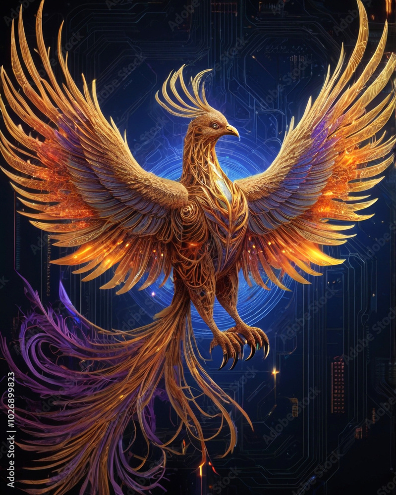 custom made wallpaper toronto digitalSurreal Phoenix Illustration with Glowing Blue Fire and Binary Code – Futuristic, Three-Dimensional Fantasy Art with Feathers and Neon Elements on a Dark Background