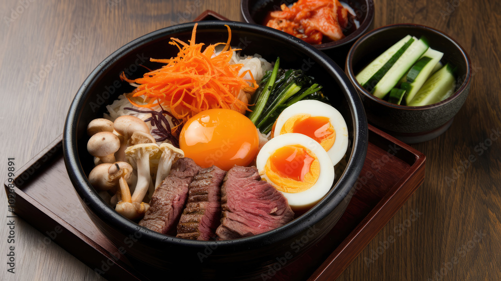 A bowl of food with meat, carrots, and eggs. The bowl is on a wooden table A bowl of food with meat, carrots, and eggs. The bowl is on a wooden table