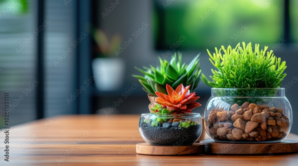 Small Indoor Terrariums on Wooden Table Display Small Indoor Terrariums on Wooden Table Display