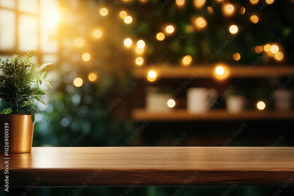 Cozy coffee shop interior with a warm wooden table and shelf adorned with decor items, soft lighting creating a magical bokeh effect in the background Inviting, midangle shot Cozy coffee shop interior with a warm wooden table and shelf adorned with decor items, soft lighting creating a magical bokeh effect in the background Inviting, midangle shot