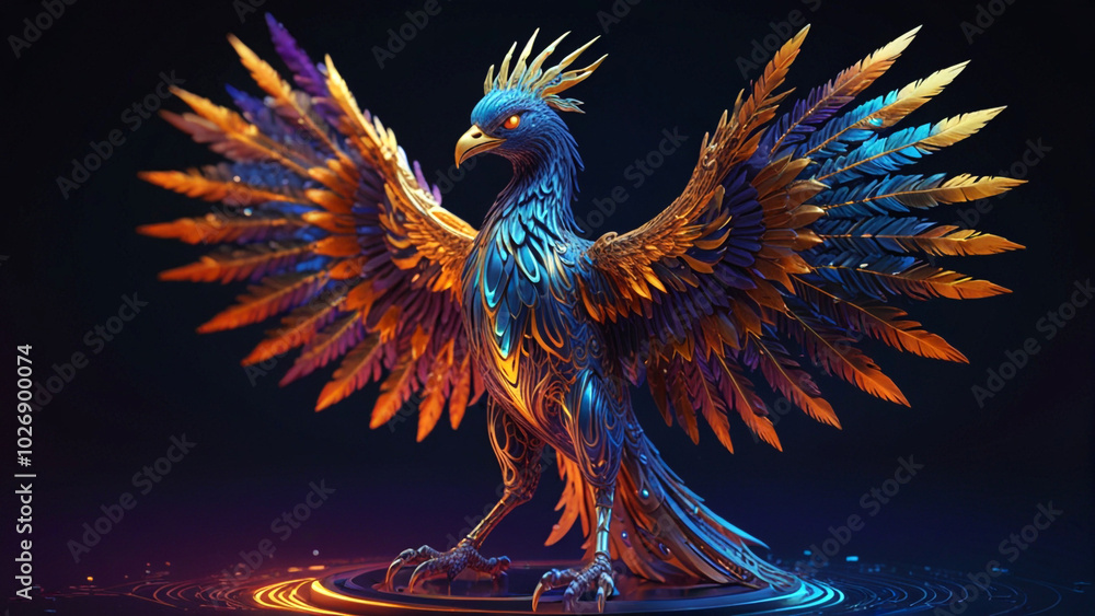 Surreal Phoenix Illustration with Glowing Blue Fire and Binary Code – Futuristic, Three-Dimensional Fantasy Art with Feathers and Neon Elements on a Dark Background Surreal Phoenix Illustration with Glowing Blue Fire and Binary Code – Futuristic, Three-Dimensional Fantasy Art with Feathers and Neon Elements on a Dark Background