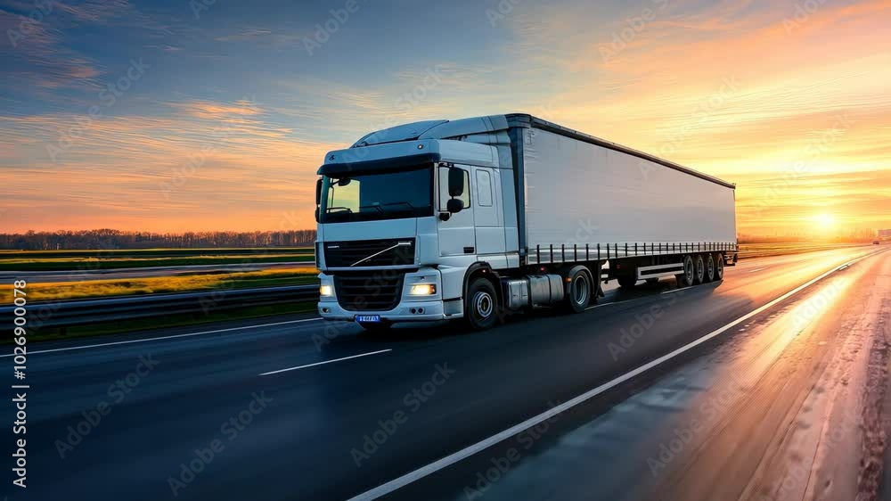 Cargo Truck on Highway at Sunset with Scenic Sky and Open Road Cargo Truck on Highway at Sunset with Scenic Sky and Open Road