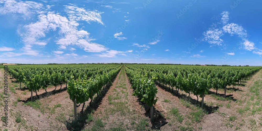 Expansive Green Field with Lush Vine Rows Under Bright Blue Sky Expansive Green Field with Lush Vine Rows Under Bright Blue Sky