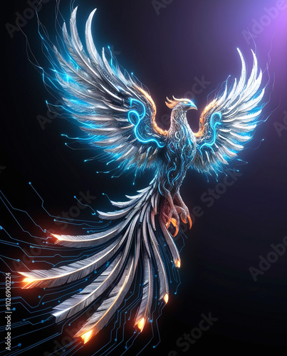 Surreal Phoenix Illustration with Glowing Blue Fire and Binary Code – Futuristic, Three-Dimensional Fantasy Art with Feathers and Neon Elements on a Dark Background