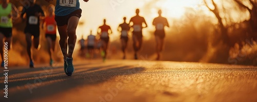 Runners participating in a marathon, with men leading the group on an open road Dynamic composition, bright sunlight, midangle shot capturing the competitive spirit