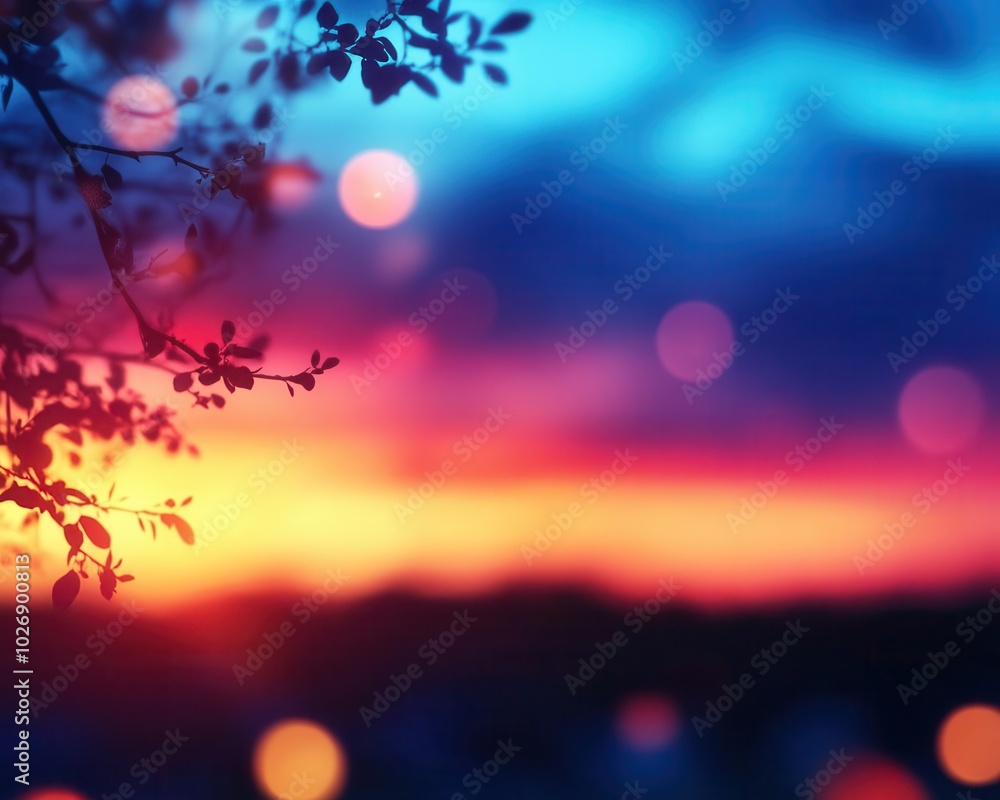 Vibrant sunset with colorful sky, blurred foliage in the foreground. Vibrant sunset with colorful sky, blurred foliage in the foreground.