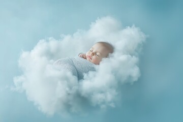 A peaceful baby boy sleeping wrapped in a fluffy white cloud blanket, gently floating against a light blue background