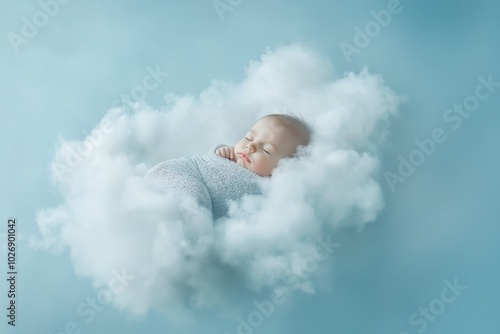 A peaceful baby boy sleeping wrapped in a fluffy white cloud blanket, gently floating against a light blue background photo