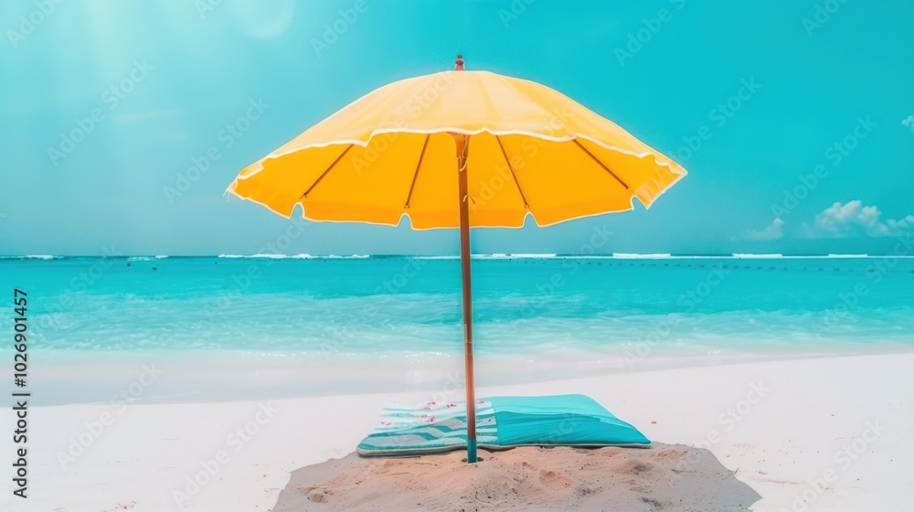 Yellow Beach Umbrella on Sandy Shore with Turquoise Water Yellow Beach Umbrella on Sandy Shore with Turquoise Water