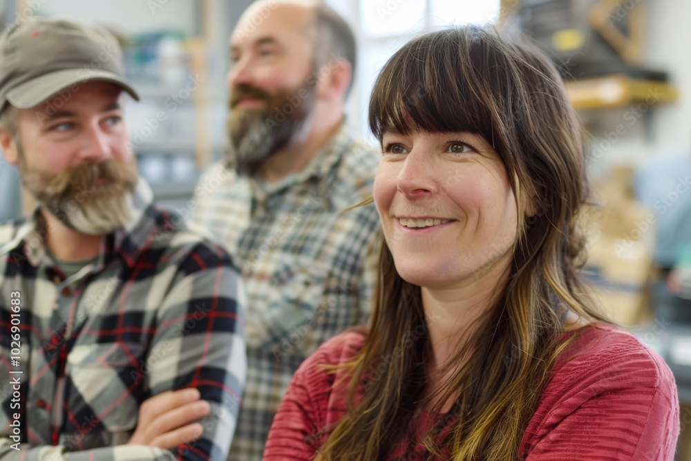 Portrait of a woman in a carpentry workshop with people in the background Portrait of a woman in a carpentry workshop with people in the background