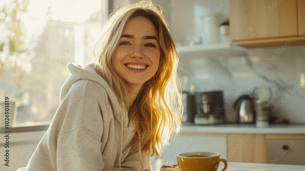 Smiling young woman enjoying a cozy morning at home, sitting in a bright kitchen with sunlight streaming in Smiling young woman enjoying a cozy morning at home, sitting in a bright kitchen with sunlight streaming in