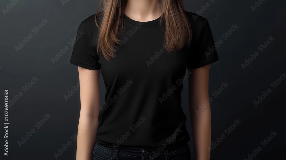 Generative AI Mockup of Women in Black T-Shirt for Fashion and Marketing Applications Generative AI Mockup of Women in Black T-Shirt for Fashion and Marketing Applications