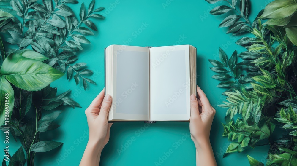 A Woman's Hands Gently Holding an Anonymous Book with a Blank Cover Surrounded by Lush Greenery A Woman's Hands Gently Holding an Anonymous Book with a Blank Cover Surrounded by Lush Greenery