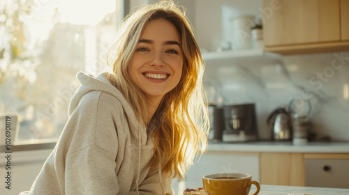 Smiling young woman enjoying a cozy morning at home, sitting in a bright kitchen with sunlight streaming in