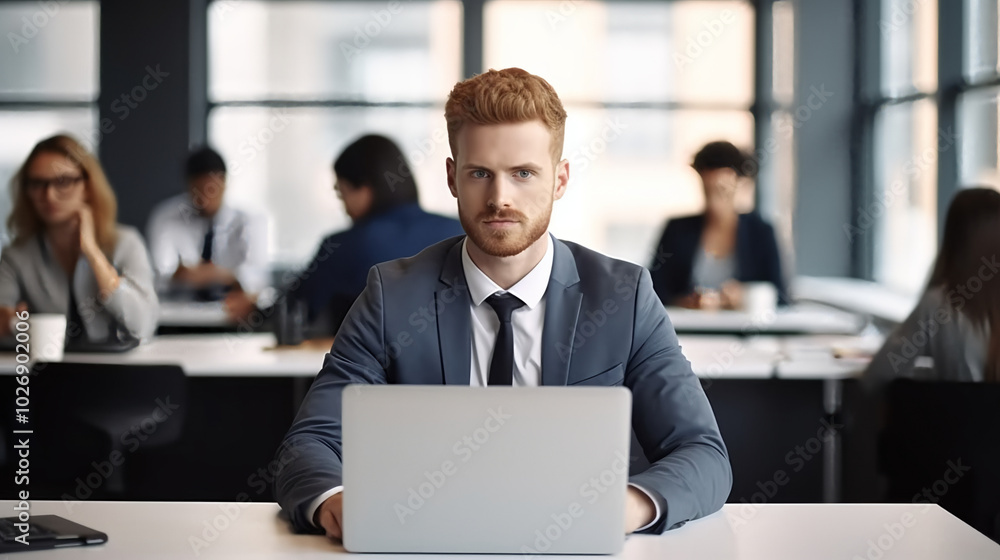 Portrait of a young businessman working on a laptop in a modern office. Portrait of a young businessman working on a laptop in a modern office.