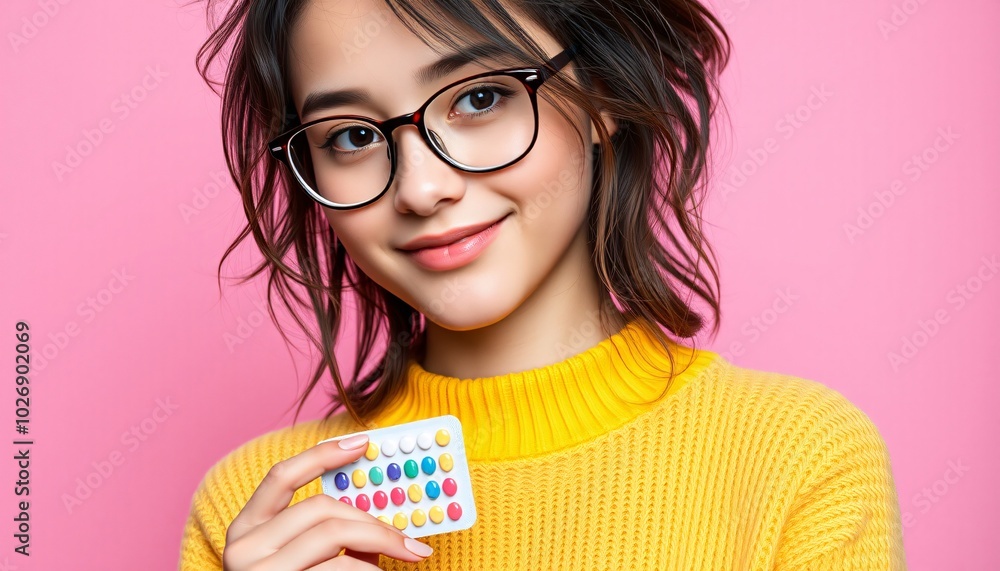 Smiling woman holding contraceptive pills, pink background. Healthcare and contraception concept Smiling woman holding contraceptive pills, pink background. Healthcare and contraception concept