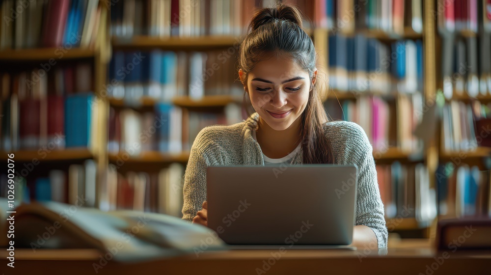 Young Happy Hispanic Female Student Preparing for Success with a Laptop in a Library Young Happy Hispanic Female Student Preparing for Success with a Laptop in a Library