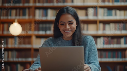 Young Happy Smiling Hispanic Female Student Preparing for Success in the Library