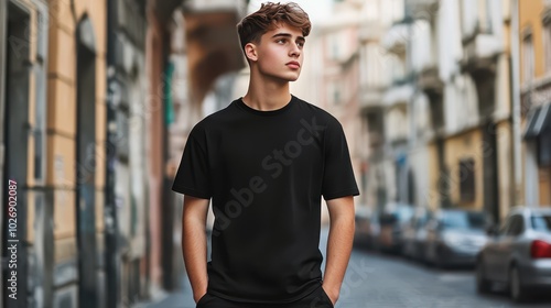 Young Male Model in Black T-Shirt Posing Stylishly on Street Background