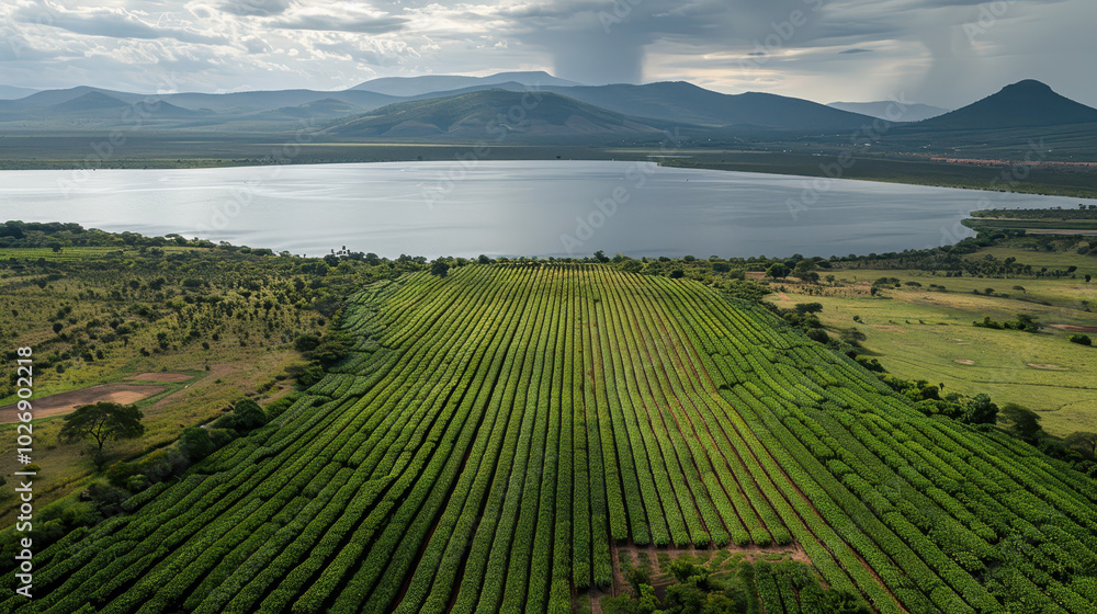 Fototapeta premium Lush green fields stretch towards serene lake, framed by distant mountains under dramatic sky. This landscape showcases beauty of sustainable agriculture and natures harmony