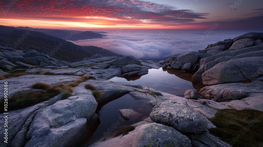 A Mountaintop Pool Reflecting a Crimson Sunset over a Sea of Clouds A Mountaintop Pool Reflecting a Crimson Sunset over a Sea of Clouds